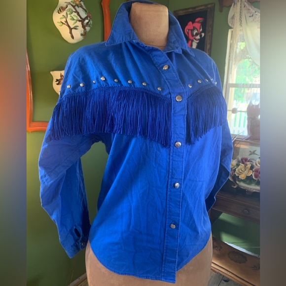 sassa Tops - Blue Embellished Fringe Button-Down Blouse